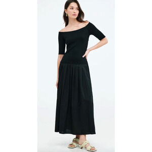 Marcella Mila Dress Drop Waist Pleated Midi Off Shoulder Black Ponte NWT Size XS